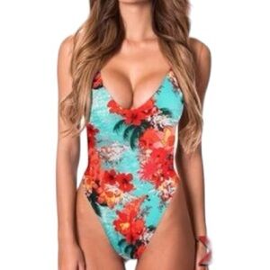 RELLECIGA Womens one piece high cut sexy thong back floral swimsuit swimwear NWT